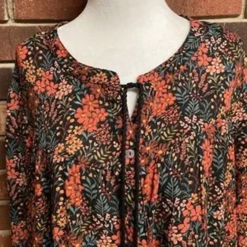 DR2 Daniel Rainn Women's Black and Orange Floral‎ Boho Peasant Blouse Top Size M
